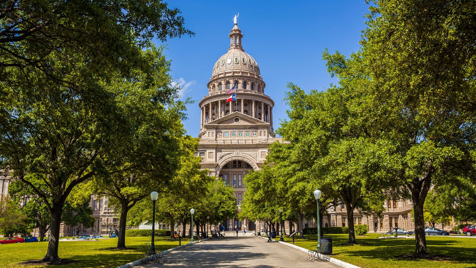The Texas State Capitol in Austin, framed by oak trees